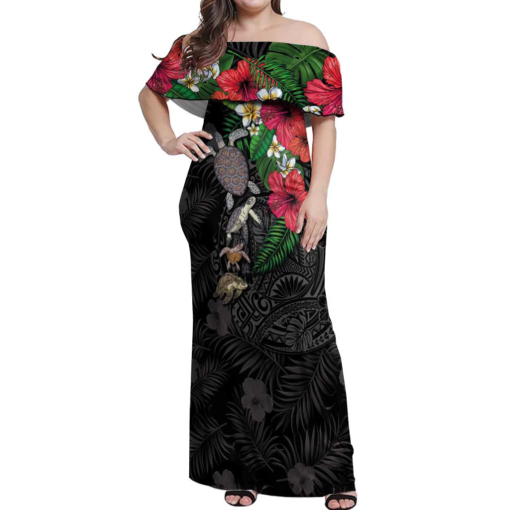 Hawaiian Tropical Plants and Turtles Off Shoulder Maxi Dress Polynesian Art Motifs LT03 Women Black - Polynesian Pride