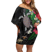 Hawaiian Tropical Plants and Turtles Off Shoulder Short Dress Polynesian Art Motifs LT03 Women Black - Polynesian Pride