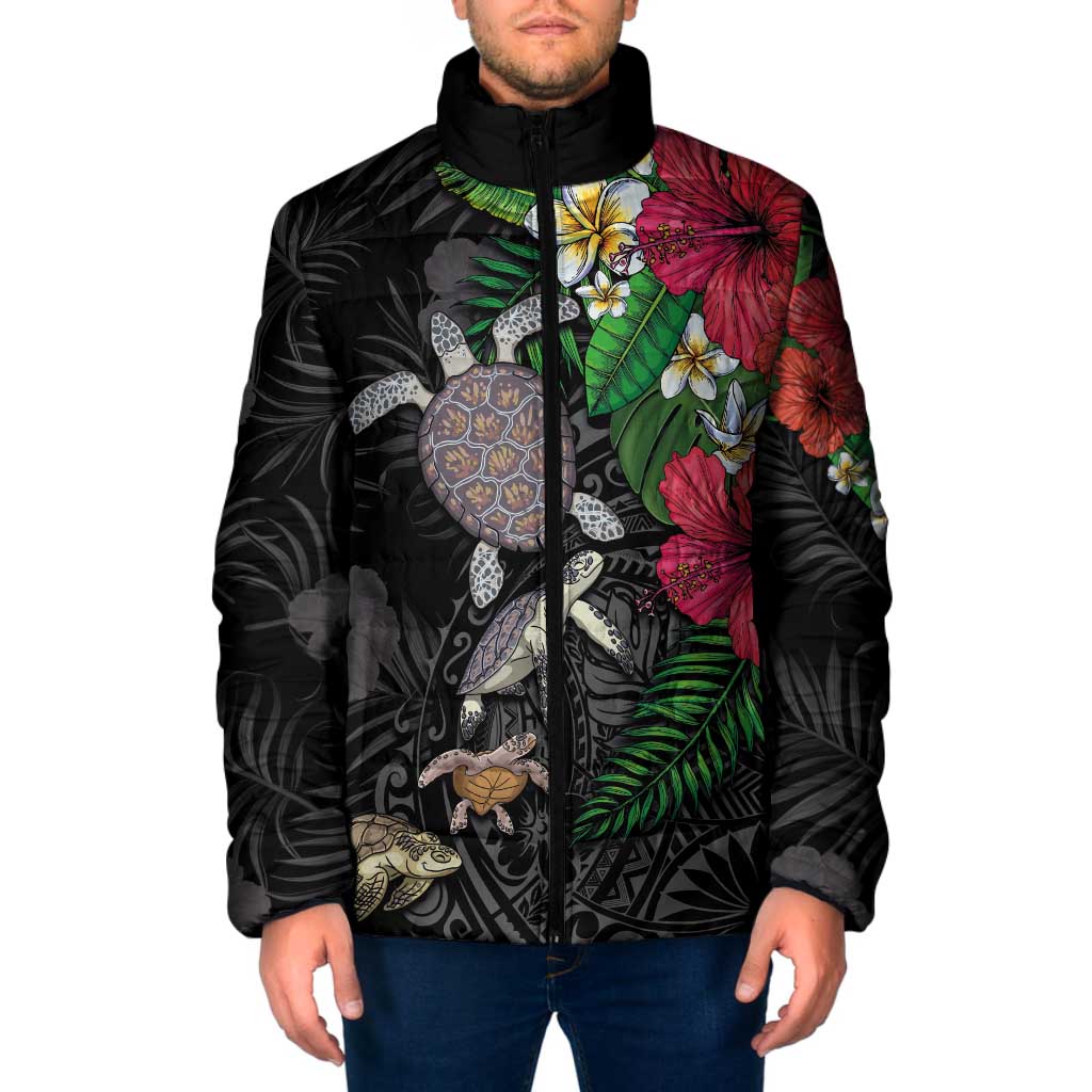 Hawaiian Tropical Plants and Turtles Padded Jacket Polynesian Art Motifs LT03 Men Black - Polynesian Pride