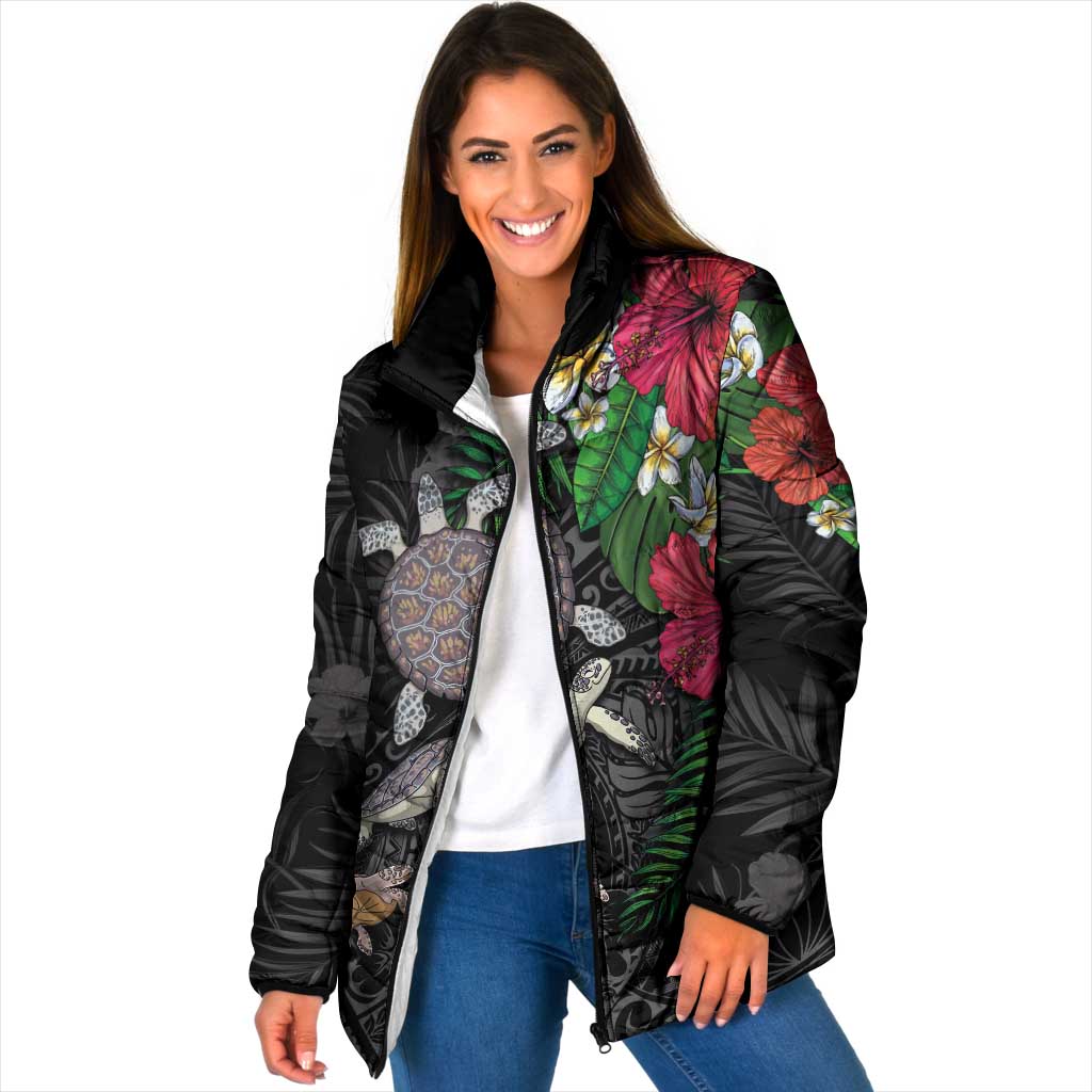 Hawaiian Tropical Plants and Turtles Padded Jacket Polynesian Art Motifs LT03 Women Black - Polynesian Pride