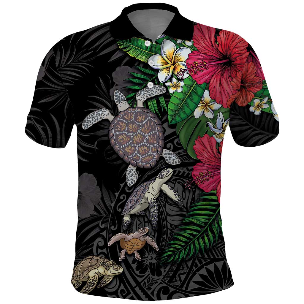 Hawaiian Tropical Plants and Turtles Polo Shirt Polynesian Art Motifs LT03 Black - Polynesian Pride