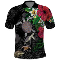 Hawaiian Tropical Plants and Turtles Polo Shirt Polynesian Art Motifs LT03 Black - Polynesian Pride