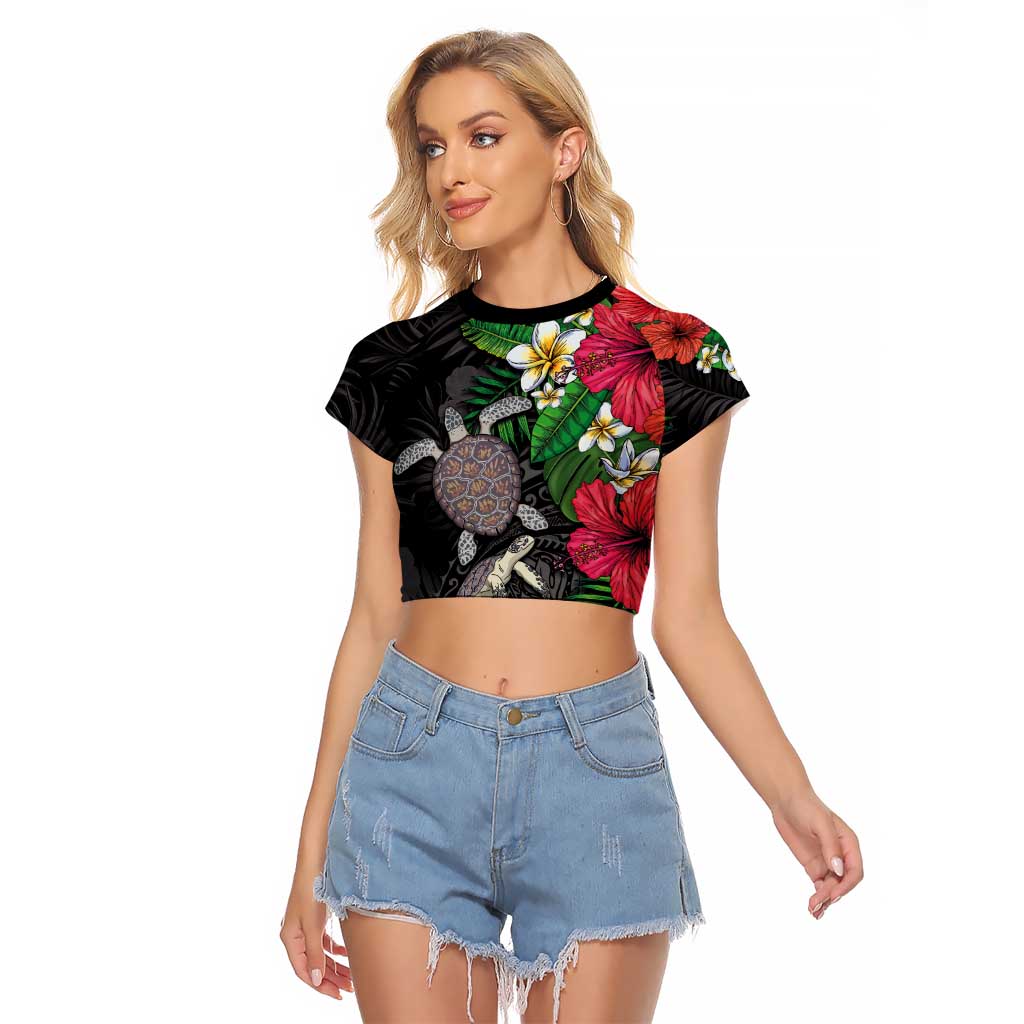 Hawaiian Tropical Plants and Turtles Raglan Cropped T Shirt Polynesian Art Motifs LT03 Female Black - Polynesian Pride