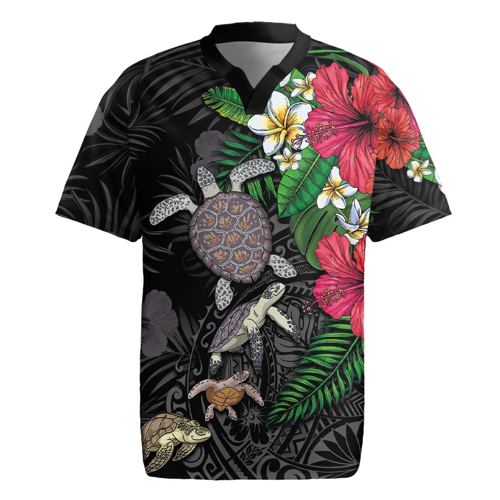 Hawaiian Tropical Plants and Turtles Rugby Jersey Polynesian Art Motifs LT03 Black - Polynesian Pride