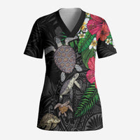 Hawaiian Tropical Plants and Turtles Scrub Top Polynesian Art Motifs LT03 Adult Black - Polynesian Pride
