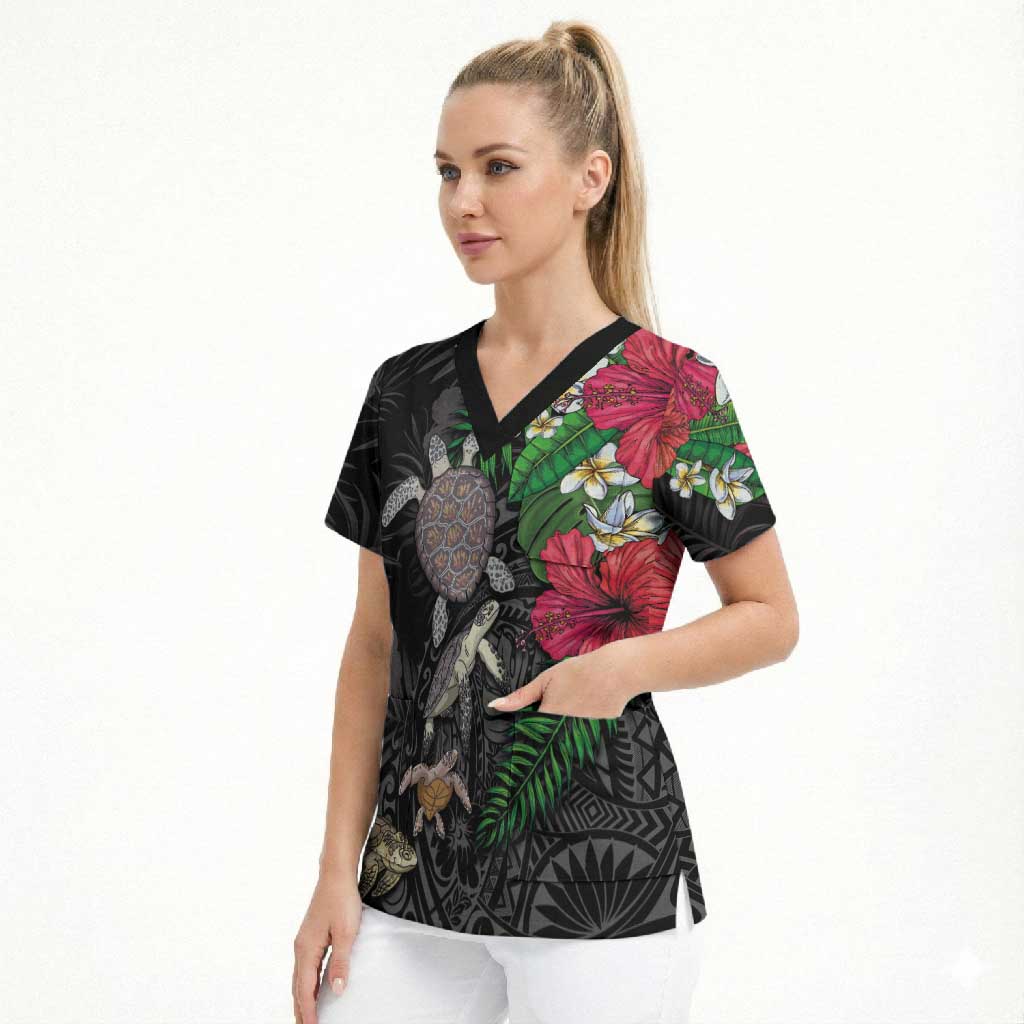 Hawaiian Tropical Plants and Turtles Scrub Top Polynesian Art Motifs LT03 - Polynesian Pride