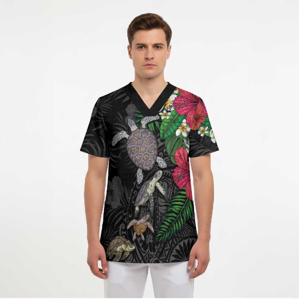 Hawaiian Tropical Plants and Turtles Scrub Top Polynesian Art Motifs LT03 - Polynesian Pride