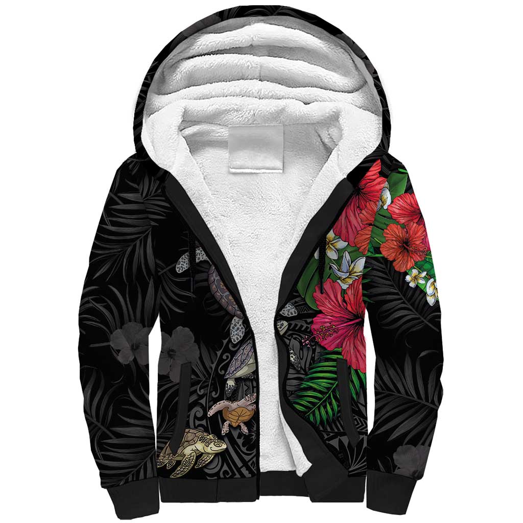 Hawaiian Tropical Plants and Turtles Sherpa Hoodie Polynesian Art Motifs LT03 Unisex Black - Polynesian Pride