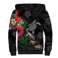 Hawaiian Tropical Plants and Turtles Sherpa Hoodie Polynesian Art Motifs