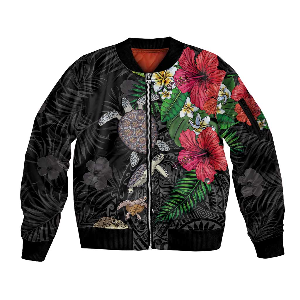 Hawaiian Tropical Plants and Turtles Sleeve Zip Bomber Jacket Polynesian Art Motifs