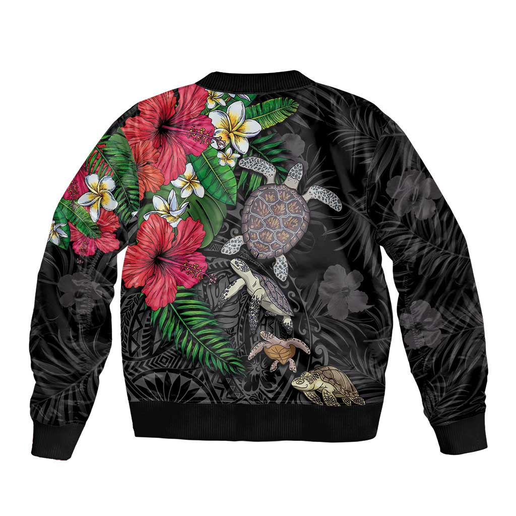 Hawaiian Tropical Plants and Turtles Sleeve Zip Bomber Jacket Polynesian Art Motifs