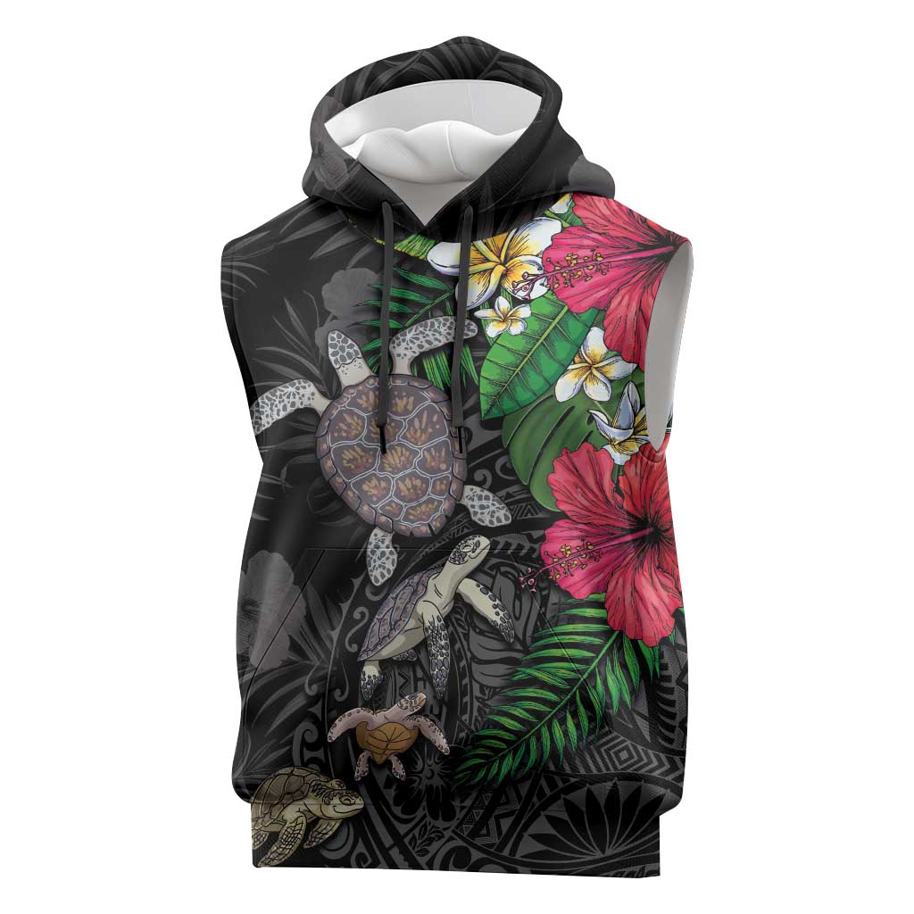Hawaiian Tropical Plants and Turtles Sleeveless Hoodie Polynesian Art Motifs LT03 Black - Polynesian Pride