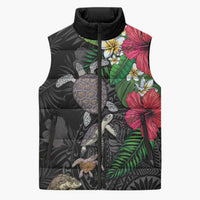 Hawaiian Tropical Plants and Turtles Sleeveless Puffer Jacket Polynesian Art Motifs LT03 Unisex Black - Polynesian Pride