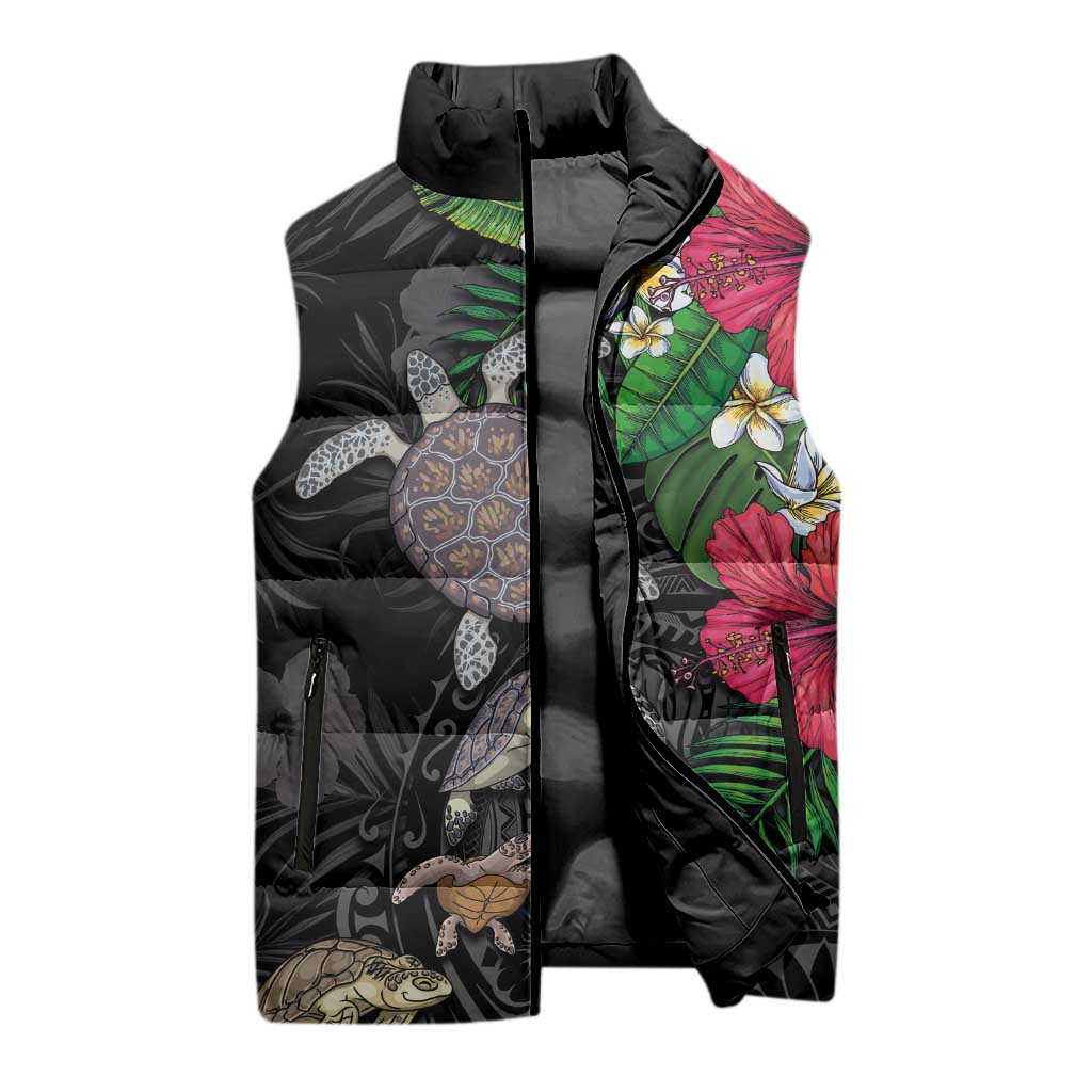Hawaiian Tropical Plants and Turtles Sleeveless Puffer Jacket Polynesian Art Motifs LT03 - Polynesian Pride