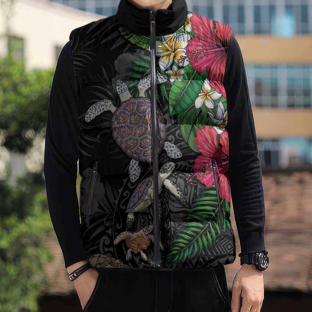 Hawaiian Tropical Plants and Turtles Sleeveless Puffer Jacket Polynesian Art Motifs LT03 - Polynesian Pride