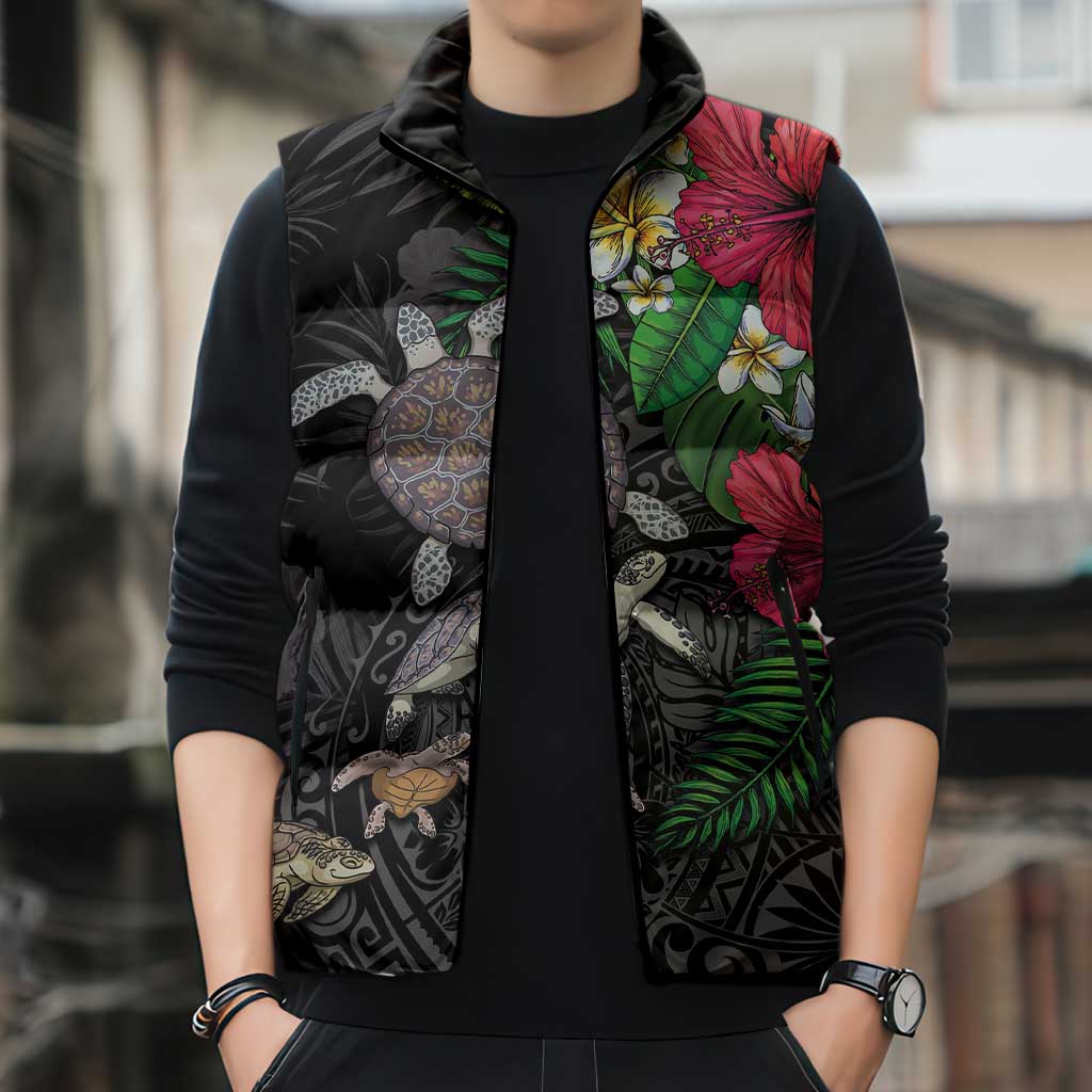 Hawaiian Tropical Plants and Turtles Sleeveless Puffer Jacket Polynesian Art Motifs LT03 - Polynesian Pride
