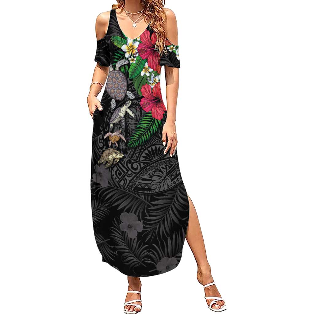 Hawaiian Tropical Plants and Turtles Summer Maxi Dress Polynesian Art Motifs