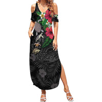 Hawaiian Tropical Plants and Turtles Summer Maxi Dress Polynesian Art Motifs
