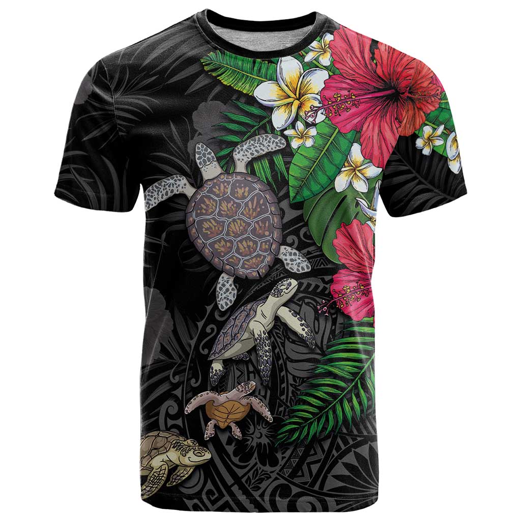 Hawaiian Tropical Plants and Turtles T Shirt Polynesian Art Motifs LT03 Black - Polynesian Pride