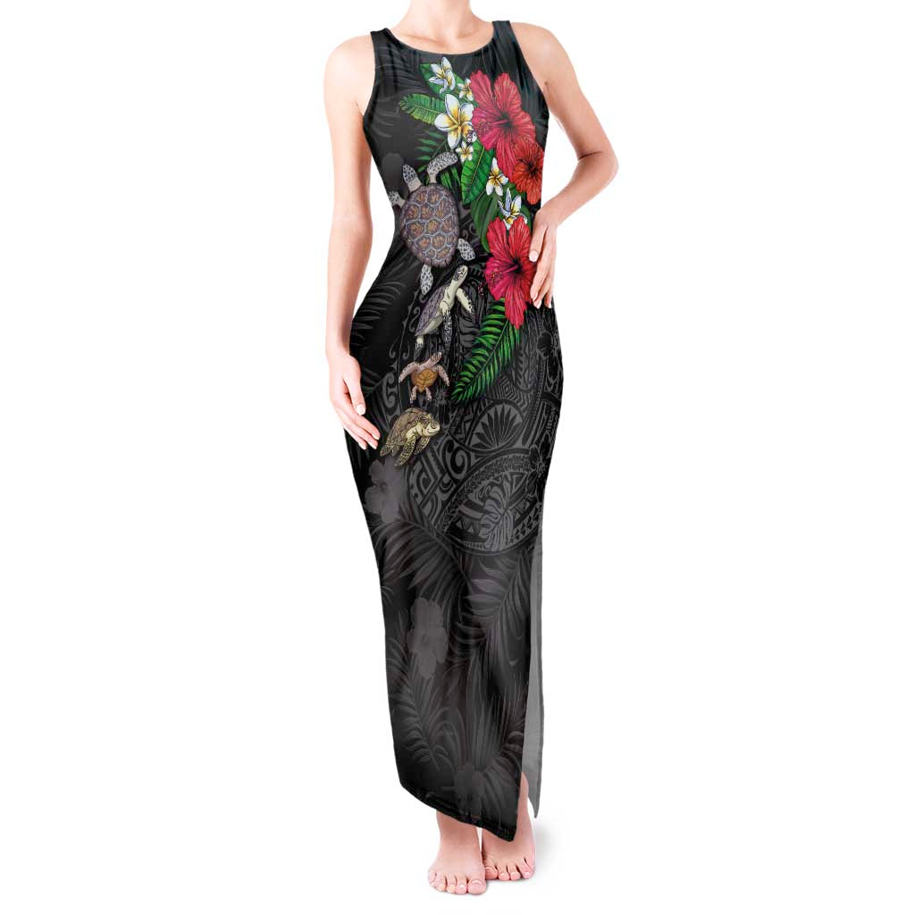 Hawaiian Tropical Plants and Turtles Tank Maxi Dress Polynesian Art Motifs LT03 Women Black - Polynesian Pride