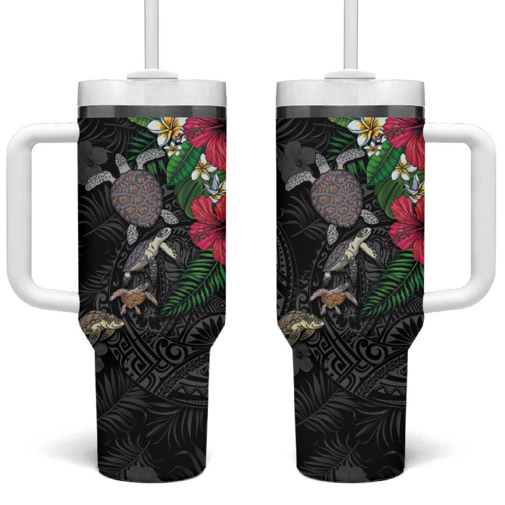 Hawaiian Tropical Plants and Turtles Tumbler With Handle Polynesian Art Motifs LT03 One Size: 40 oz Black - Polynesian Pride