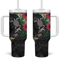 Hawaiian Tropical Plants and Turtles Tumbler With Handle Polynesian Art Motifs LT03 One Size: 40 oz Black - Polynesian Pride