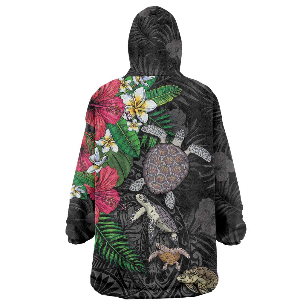Hawaiian Tropical Plants and Turtles Wearable Blanket Hoodie Polynesian Art Motifs