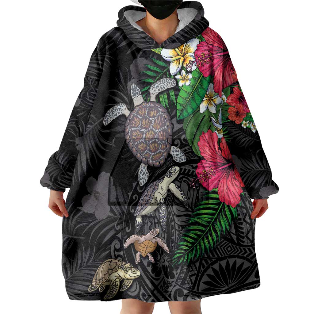 Hawaiian Tropical Plants and Turtles Wearable Blanket Hoodie Polynesian Art Motifs