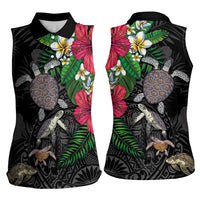 Hawaiian Tropical Plants and Turtles Women Sleeveless Polo Shirt Polynesian Art Motifs