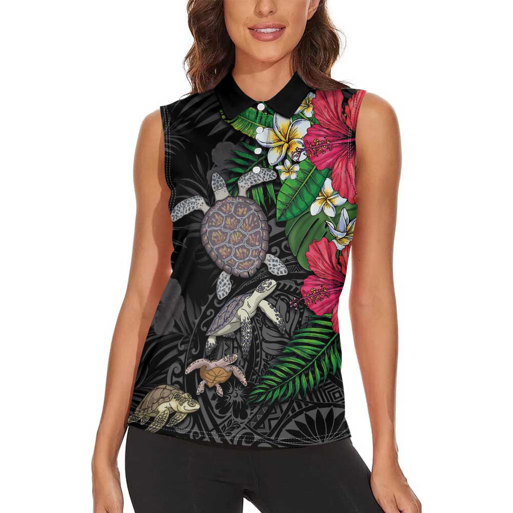 Hawaiian Tropical Plants and Turtles Women Sleeveless Polo Shirt Polynesian Art Motifs