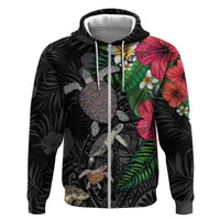 Hawaiian Tropical Plants and Turtles Zip Hoodie Polynesian Art Motifs LT03 Zip Hoodie Black - Polynesian Pride
