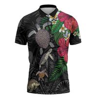 Hawaiian Tropical Plants and Turtles Zipper Polo Shirt Polynesian Art Motifs