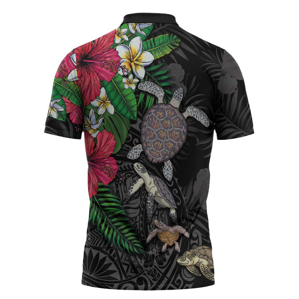 Hawaiian Tropical Plants and Turtles Zipper Polo Shirt Polynesian Art Motifs