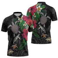 Hawaiian Tropical Plants and Turtles Zipper Polo Shirt Polynesian Art Motifs