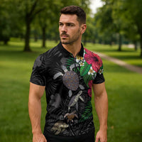 Hawaiian Tropical Plants and Turtles Zipper Polo Shirt Polynesian Art Motifs