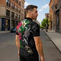 Hawaiian Tropical Plants and Turtles Zipper Polo Shirt Polynesian Art Motifs