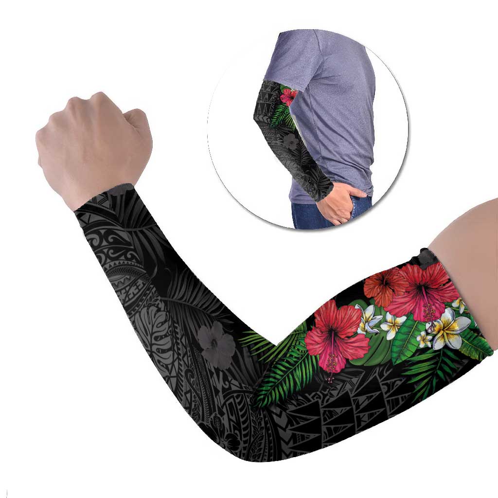 Hawaiian Tropical Plants Arm Sleeves Kakau Tattoo and Polynesian Pattern Half Black Color LT03 Set of 2 Black - Polynesian Pride