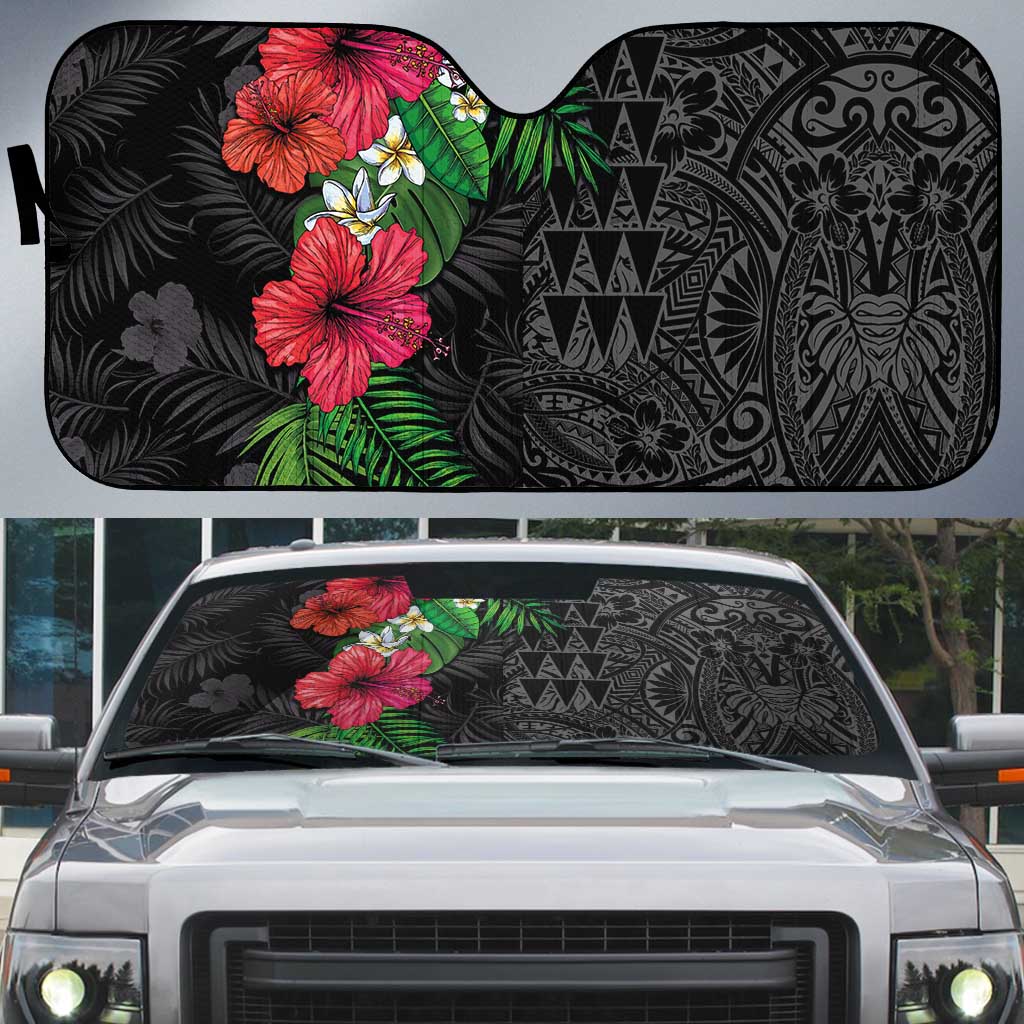 Hawaiian Tropical Plants Auto Sun Shade Kakau Tattoo and Polynesian Pattern Half Black Color LT03 Black - Polynesian Pride