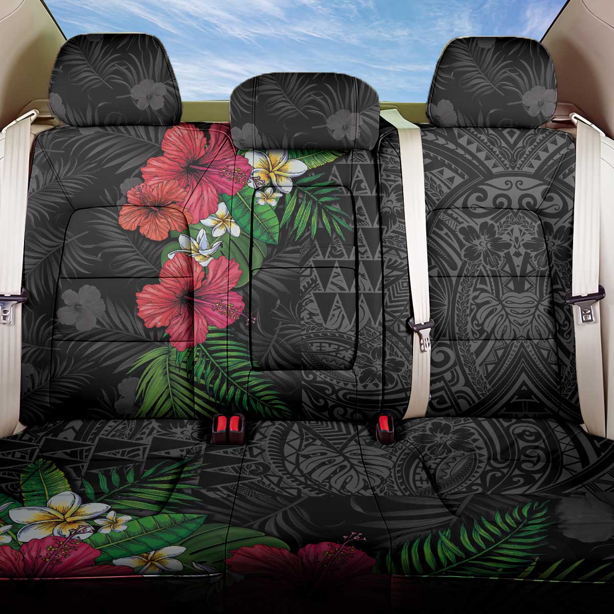 Hawaiian Tropical Plants Back Car Seat Cover Kakau Tattoo and Polynesian Pattern Half Black Color LT03 One Size Black - Polynesian Pride