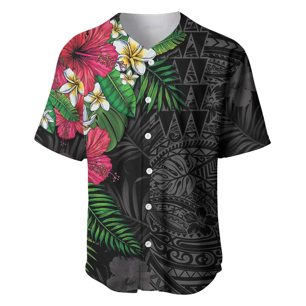 Hawaiian Tropical Plants Baseball Jersey Kakau Tattoo and Polynesian Pattern Half Black Color LT03 Black - Polynesian Pride