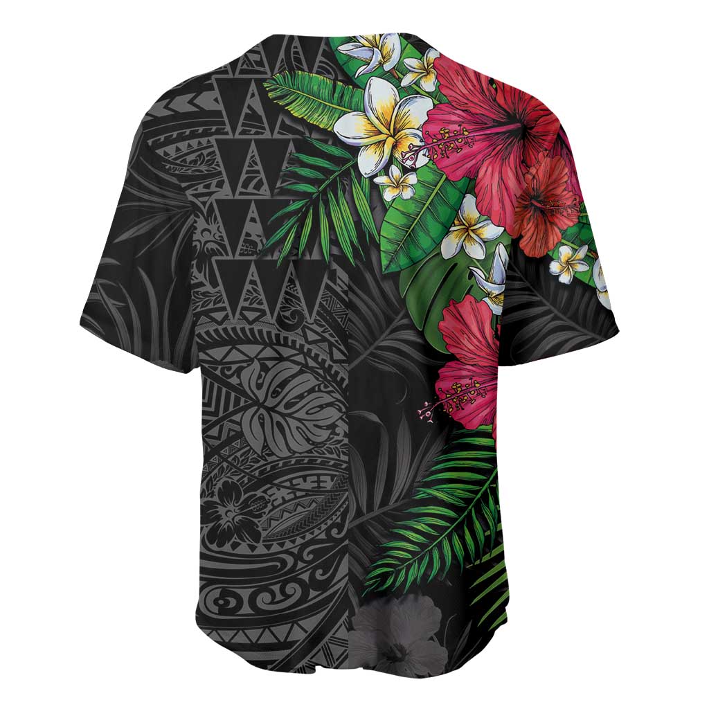 Hawaiian Tropical Plants Baseball Jersey Kakau Tattoo and Polynesian Pattern Half Black Color LT03 - Polynesian Pride