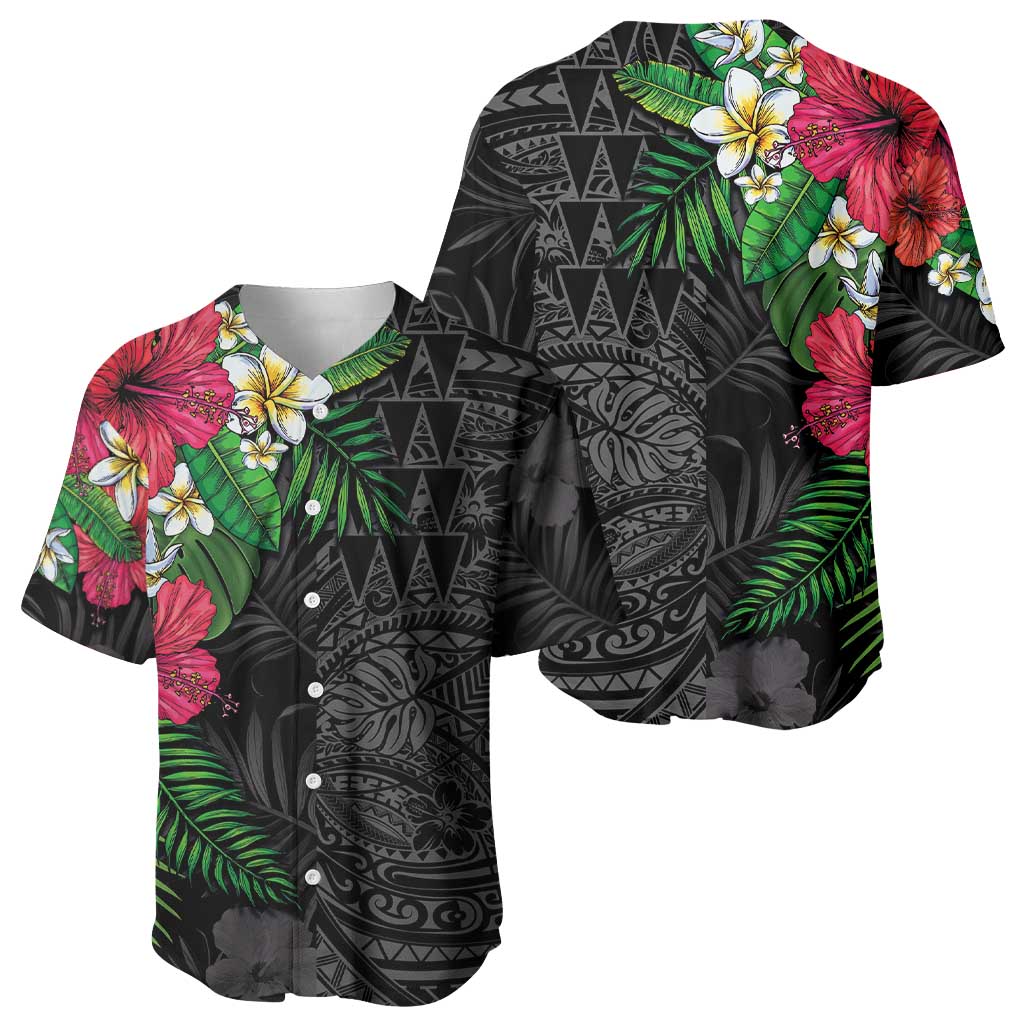 Hawaiian Tropical Plants Baseball Jersey Kakau Tattoo and Polynesian Pattern Half Black Color LT03 - Polynesian Pride
