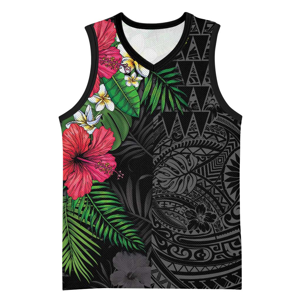 Hawaiian Tropical Plants Basketball Jersey Kakau Tattoo and Polynesian Pattern Half Black Color LT03 Unisex Black - Polynesian Pride