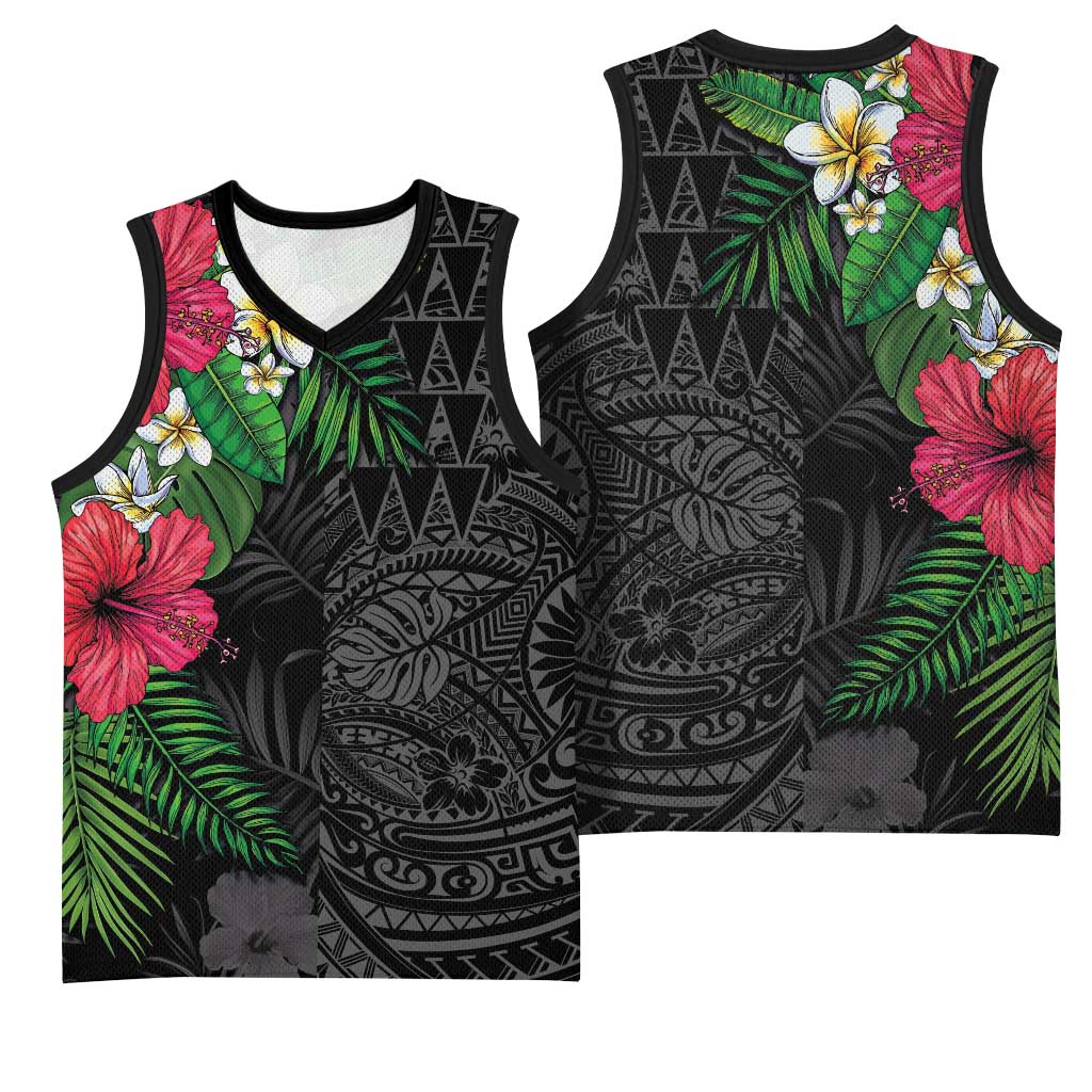 Hawaiian Tropical Plants Basketball Jersey Kakau Tattoo and Polynesian Pattern Half Black Color LT03 - Polynesian Pride