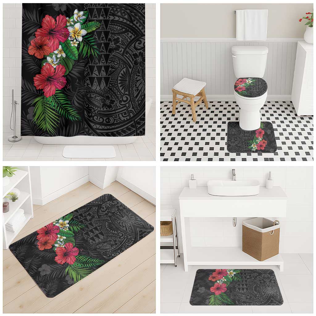 Hawaiian Tropical Plants Bathroom Set Kakau Tattoo and Polynesian Pattern Half Black Color LT03 - Polynesian Pride