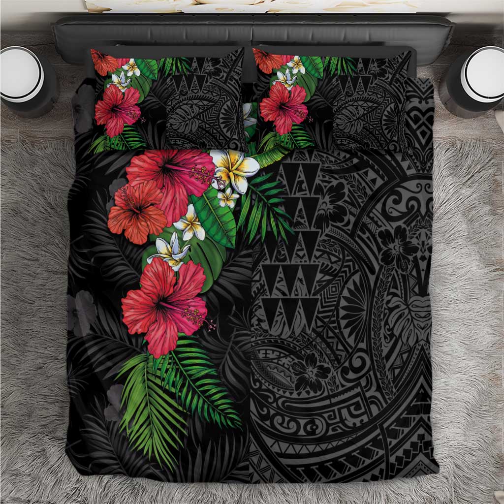 Hawaiian Tropical Plants Bedding Set Kakau Tattoo and Polynesian Pattern Half Black Color LT03 Black - Polynesian Pride