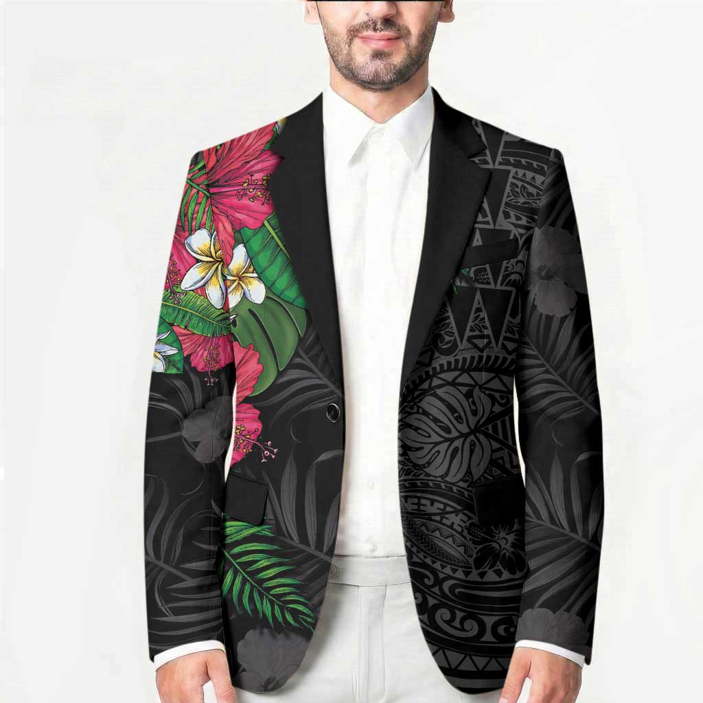 Hawaiian Tropical Plants Blazer Kakau Tattoo and Polynesian Pattern Half Black Color LT03 - Polynesian Pride
