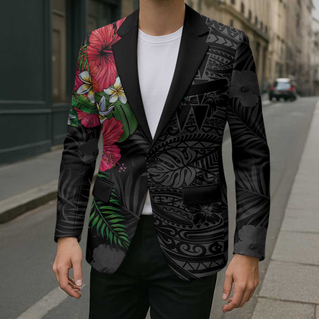 Hawaiian Tropical Plants Blazer Kakau Tattoo and Polynesian Pattern Half Black Color LT03 - Polynesian Pride