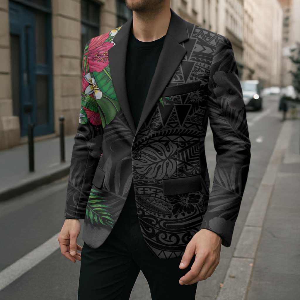 Hawaiian Tropical Plants Blazer Kakau Tattoo and Polynesian Pattern Half Black Color LT03 - Polynesian Pride