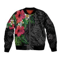 Hawaiian Tropical Plants Bomber Jacket Kakau Tattoo and Polynesian Pattern Half Black Color LT03 Unisex Black - Polynesian Pride